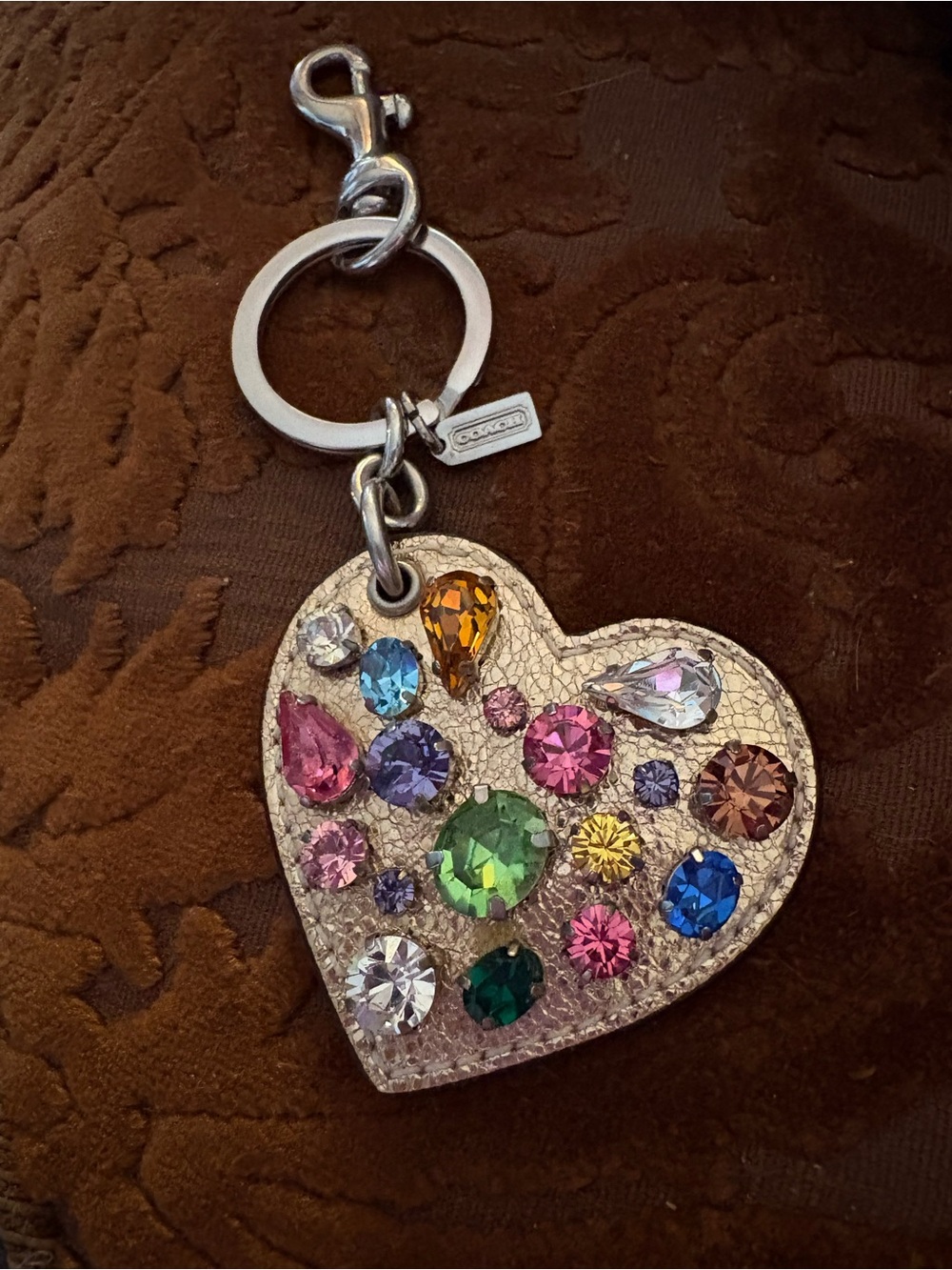 RARE NWOT COACH METALLIC GOLD LEATHER & MULTI COLORED RHINESTONE HEART KEYFOB